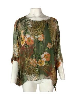 Grey Violet One Size 100% Italian Silk Floral Print Layered Capelet Blouse